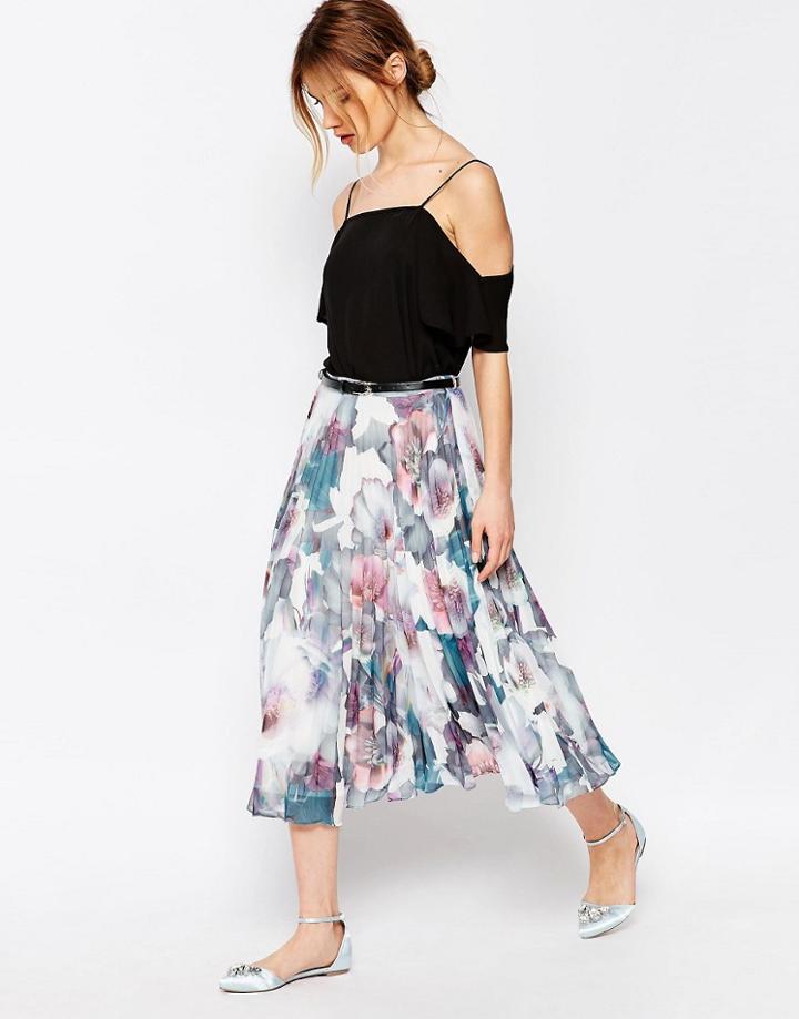 Uttam Boutique Cherry Blossom Pleated Midi Skirt With Belt - Multi