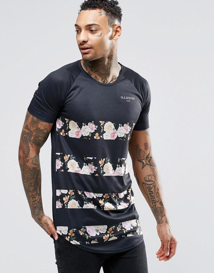 Illusive London T-shirt With Floral Panels - Black