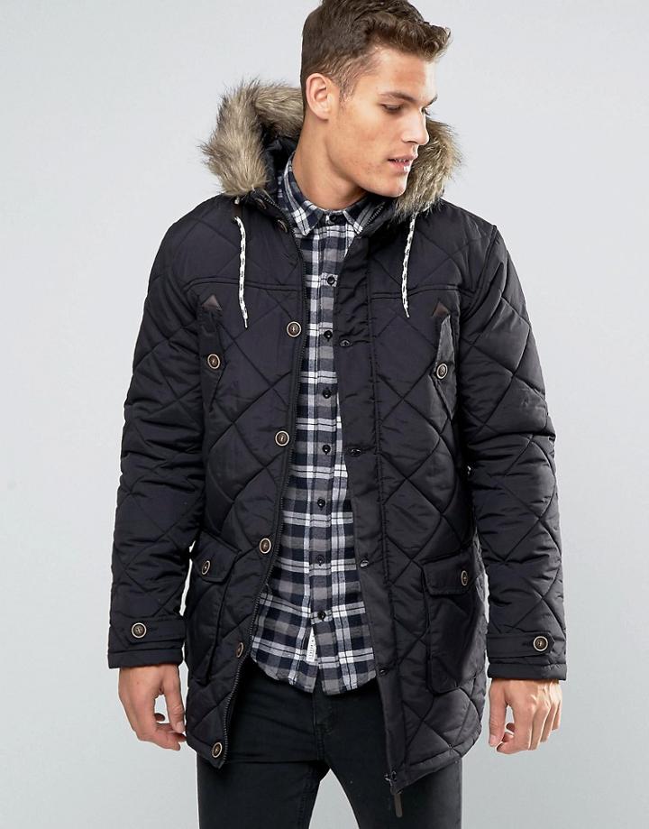 Brave Soul Quilted Parka Jacket With Faux Fur Trim Hood - Black