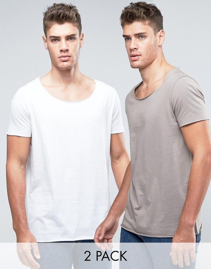Asos 2 Pack Longline T-shirt In Gray/white With Scoop Neck And Raw Edg