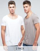 Asos 2 Pack Longline T-shirt In Gray/white With Scoop Neck And Raw Edg