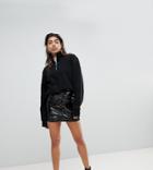Mango Vinyl Ruffle Front Mini Skirt-black