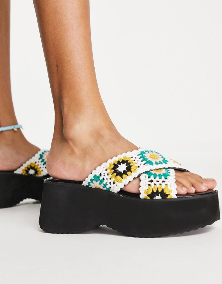 Asos Design Tornado Padded Cross Strap Flatforms In Crochet-multi