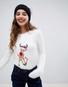 Brave Soul Fluffy Christmas Sweater With Sequin Reindeer - Cream