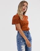 Asos Design T-shirt With Broderie Sleeve In Rust-orange