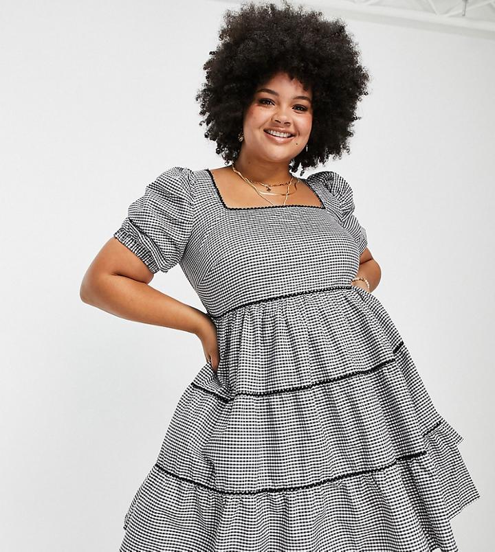 Simply Be Smock Dress With Puff Sleeves In Black Gingham Check
