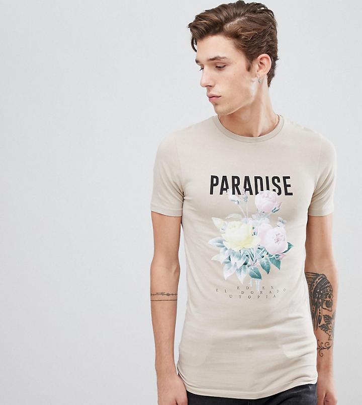 Asos Design Tall Muscle T-shirt With Text And Floral Print - Brown