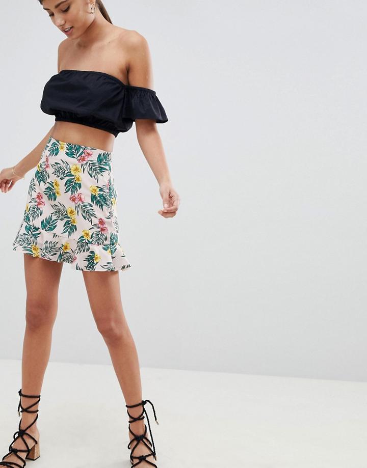 Fashion Union Mini Skirt With Flippy Hem In Tropical Print - Multi