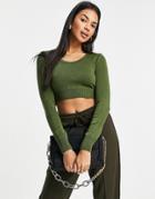 Topshop Knitted Scoop Neck Crop Top In Olive-green