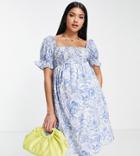 New Look Maternity Shirred Square Neck Mini Dress In Blue Floral-white