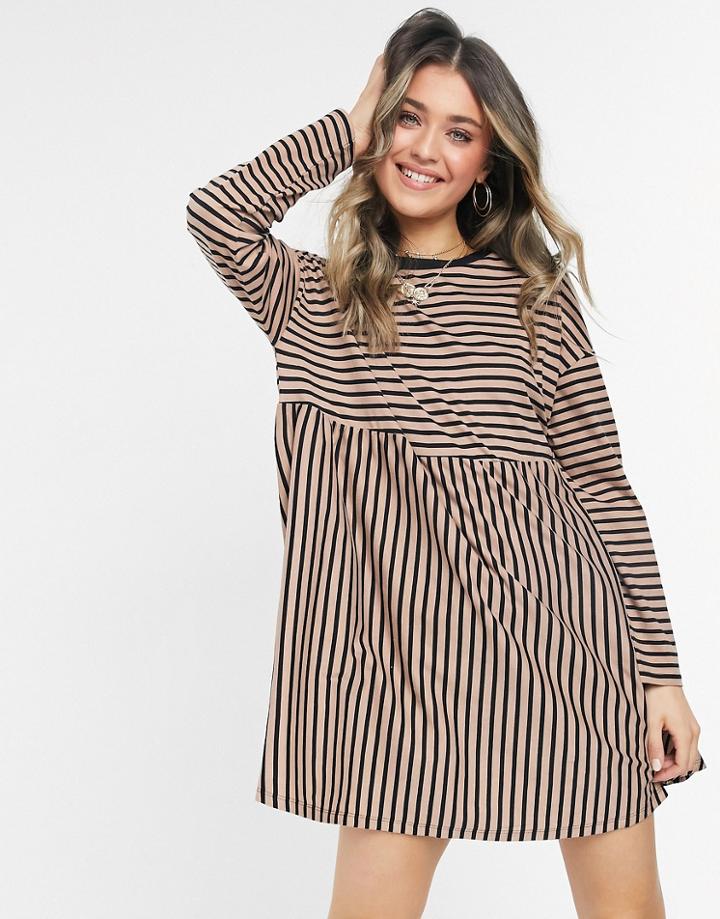 Asos Design Super Oversized Long Sleeve Smock Dress In Camel And Black Stripe-neutral