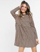 Asos Design Super Oversized Long Sleeve Smock Dress In Camel And Black Stripe-neutral