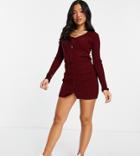 Asos Design Petite Knitted Rib Button Through Mini Dress In Dark Red