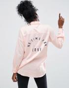 Asos Twill Boyfriend Shirt With Embroidered Back - Pink