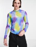 Asos Design Muscle Long Sleeve T-shirt In Multi Color Printed Mesh - Multi - Multi