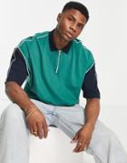 Asos Design Oversized Polo T-shirt In Green With Contrast Sleeves & Zip Neck