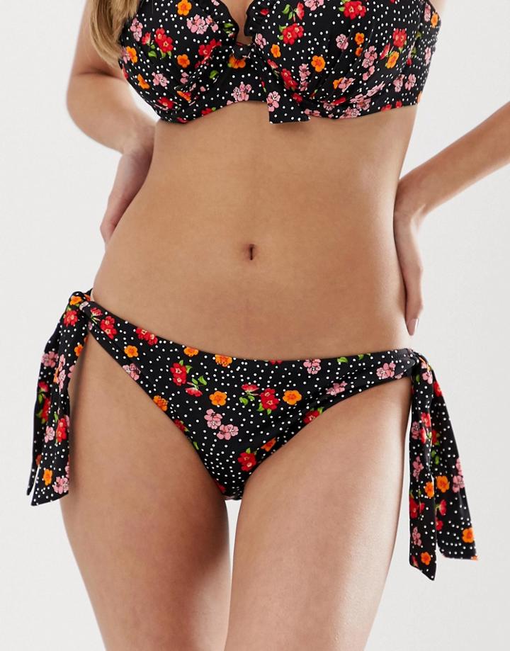 Pour Moi Hot Spots Ditsy Tie Side Bikini Bottom In Black Multi