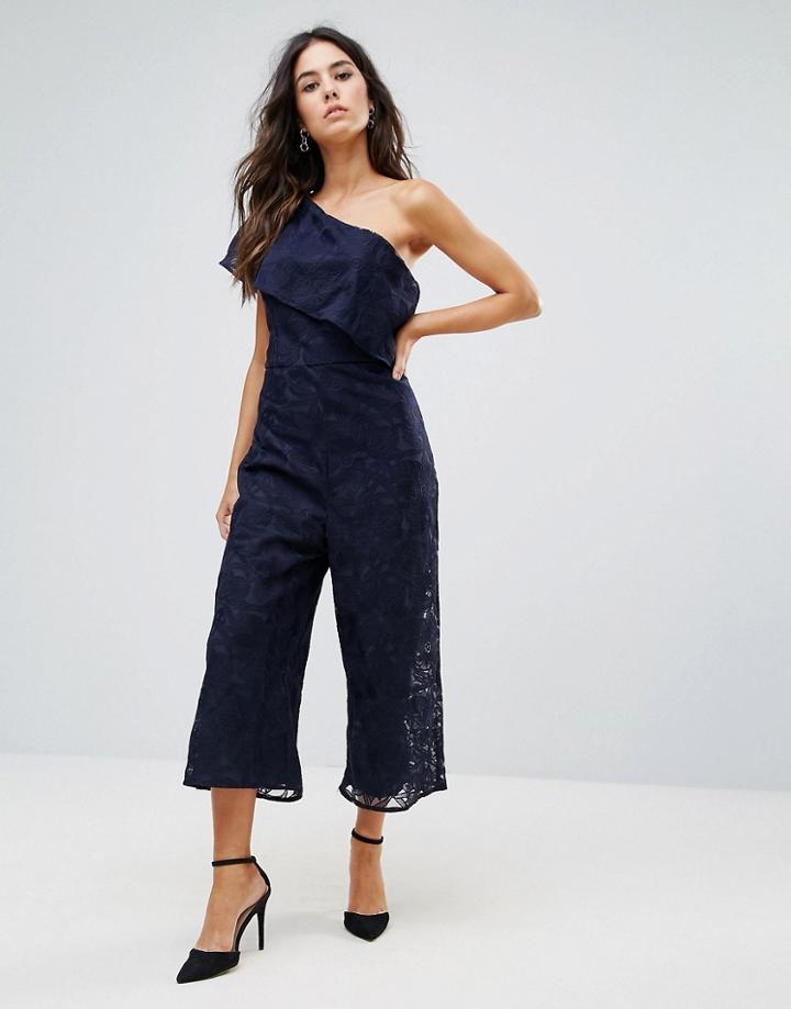 Warehouse Floral Jacquard One Shoulder Jumpsuit - Navy
