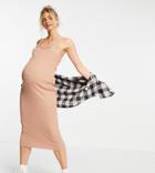 Asos Design Maternity Knitted Rib Midi Dress With Square Neck In Camel-neutral
