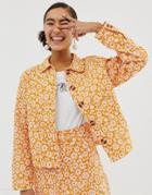 Monki Denim Jacket Ditsy Flower Print In Yellow - Yellow