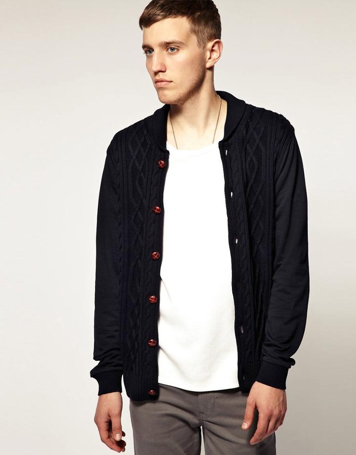 Asos Cable Knit And Sweat Baseball Cardigan - Blue