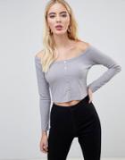 Asos Design Long Sleeve Off Shoulder Bardot Top In Rib With Button Popper Front - Gray