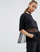 Pull & Bear Lace Frill Hem Top - Black