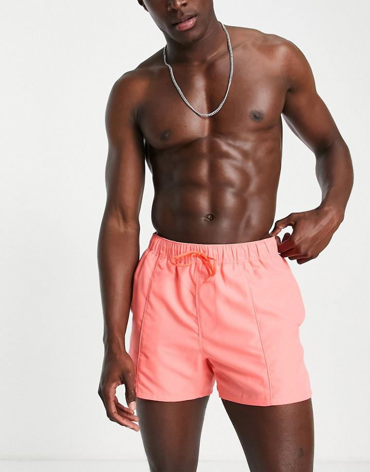 Asos Design Swim Shorts With Pin Tuck In Coral Short Length-pink