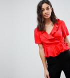 Asos Petite Wrap Top With Ruffle Detail - Red