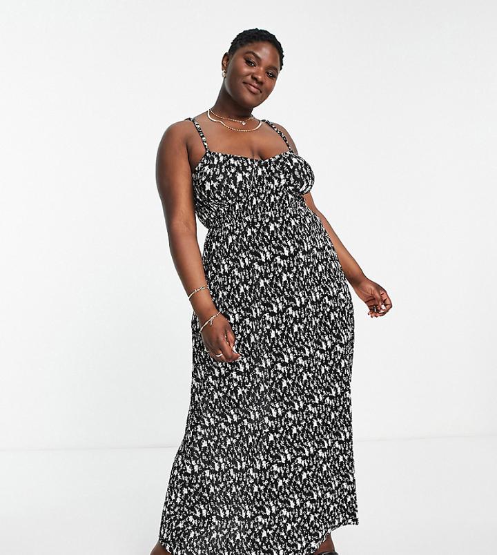 Asos Design Curve Plisse Strappy Maxi Dress In Black And White Ditsy Floral-multi