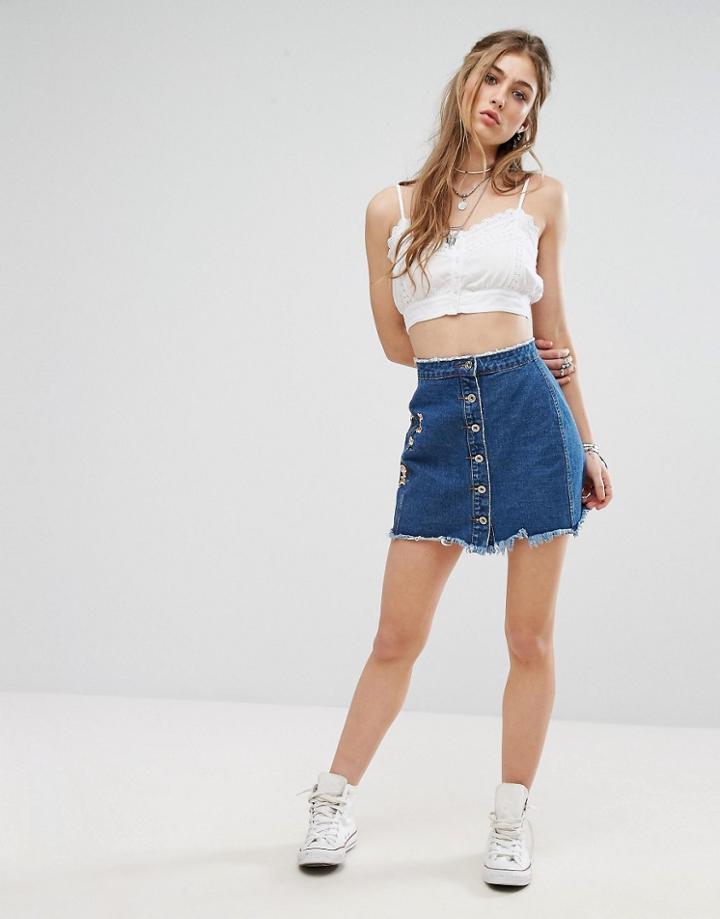 Missguided Embroidered Denim Mini Skirt - Blue