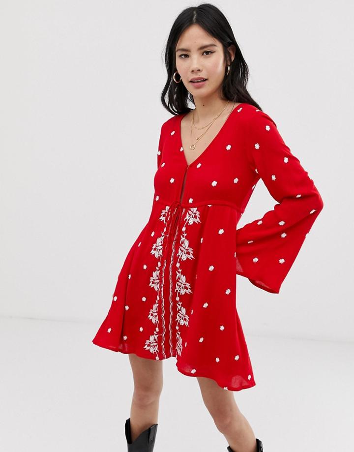 Kiss The Sky Embroidered Swing Dress - Red