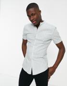 Asos Design Skinny Stripe Shirt With Grandad Collar In Sage Green