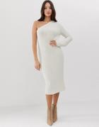 Asos Design One Shoulder Knitted Midi Dress - Stone