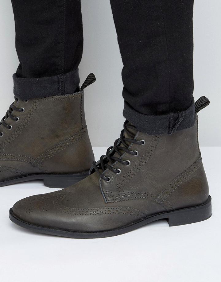Asos Brogue Boots In Gray Leather - Gray