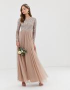 Maya Bridesmaid Long Sleeve Maxi Tulle Dress With Tonal Delicate Sequins In Taupe Blush - Brown