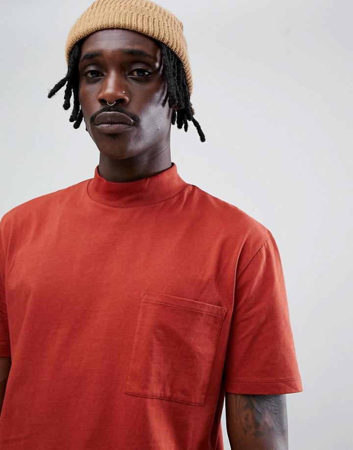 Asos Design Relaxed T-shirt With Chunky Neck And Oversized Pocket - Brown