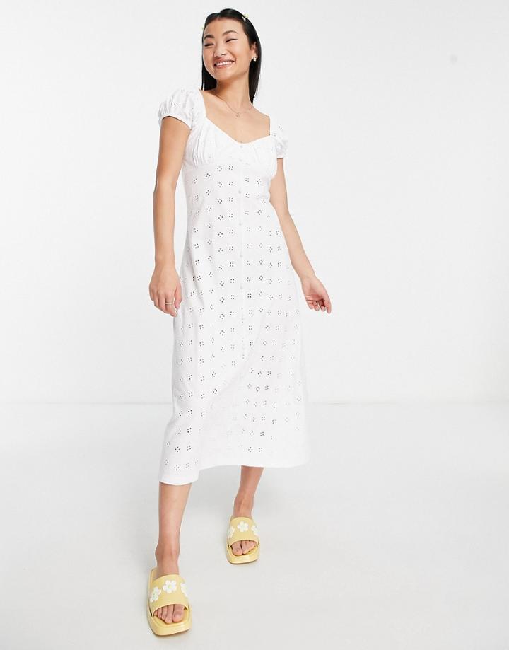 Asos Design Eyelet Bust Detail Midi Tea Dress With Buttons In White