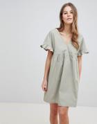 Asos Design V Front V Back Mini Cotton Smock Dress - Green