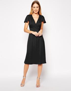 Asos Premium Satin Cross Front Midi Dress - Black