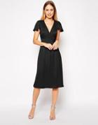 Asos Premium Satin Cross Front Midi Dress - Black