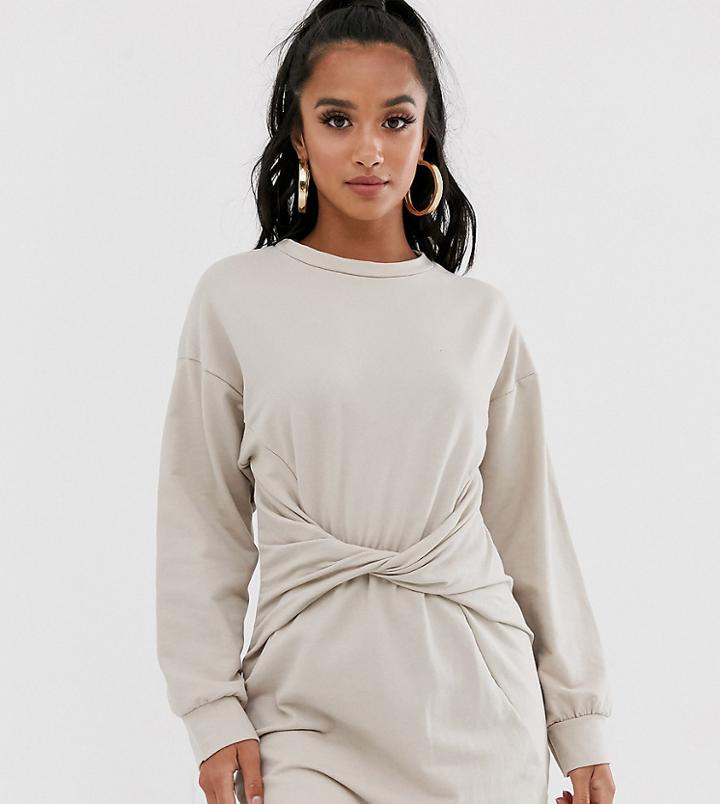 Boohoo Petite Sweat Mini Dress With Twist Front In Stone - Stone