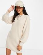 Miss Selfridge Puff Sleeve Knitted Mini Dress In Oatmeal-neutral