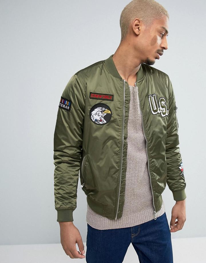 Pull & Bear Ma1 Bomber Jacket With Patches In Khaki - Green