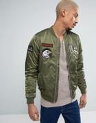 Pull & Bear Ma1 Bomber Jacket With Patches In Khaki - Green