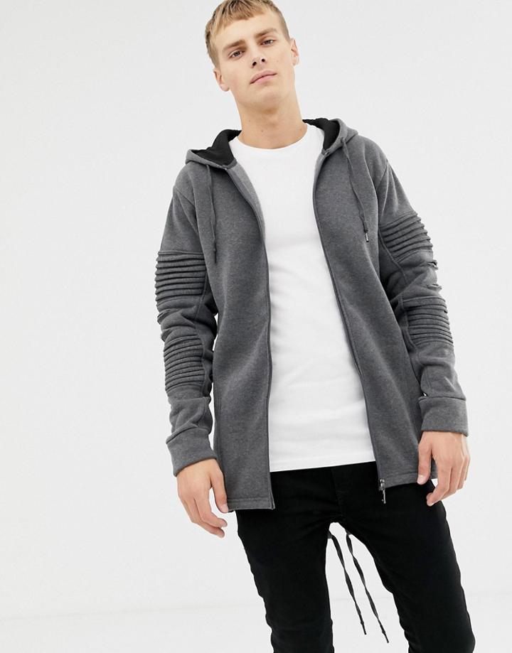 Brave Soul Zip Through Long Line Arm Ribbed Hoodie - Gray
