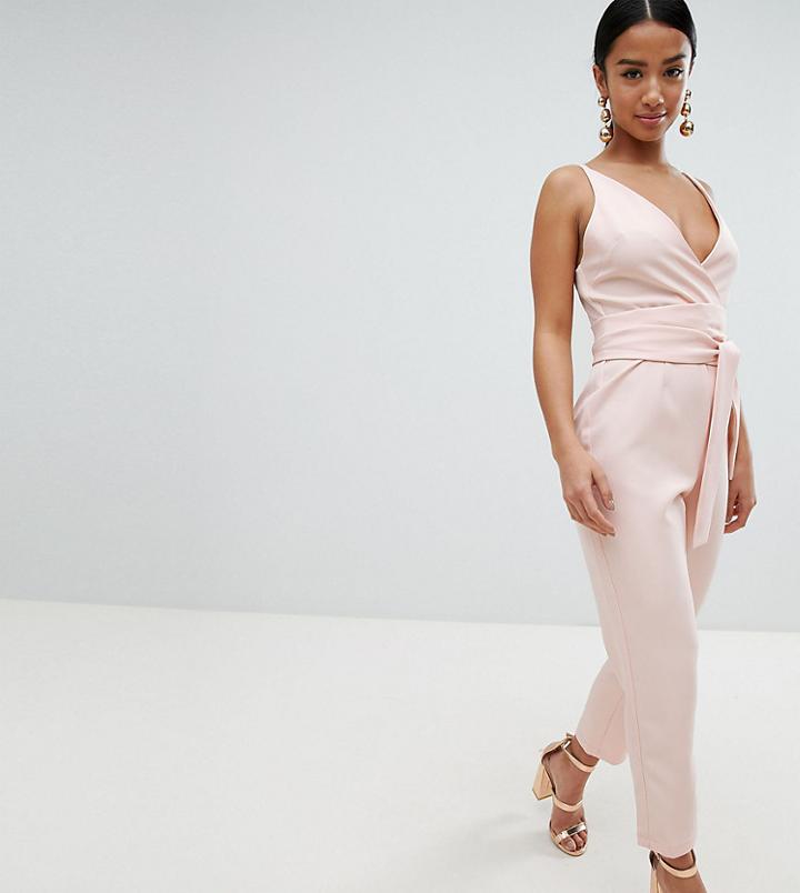 Asos Design Petite Wrap Front Jumpsuit With Peg Leg And Self Belt - Pink
