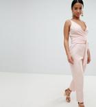 Asos Design Petite Wrap Front Jumpsuit With Peg Leg And Self Belt - Pink