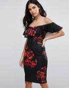 Jessica Wright Printed Pencil Dress With Frill Overlay - Black