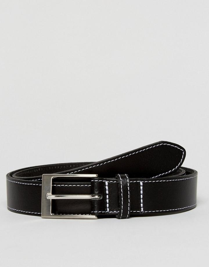 Asos Smart Slim Belt In Black Leather With Contrast Stitching - Black